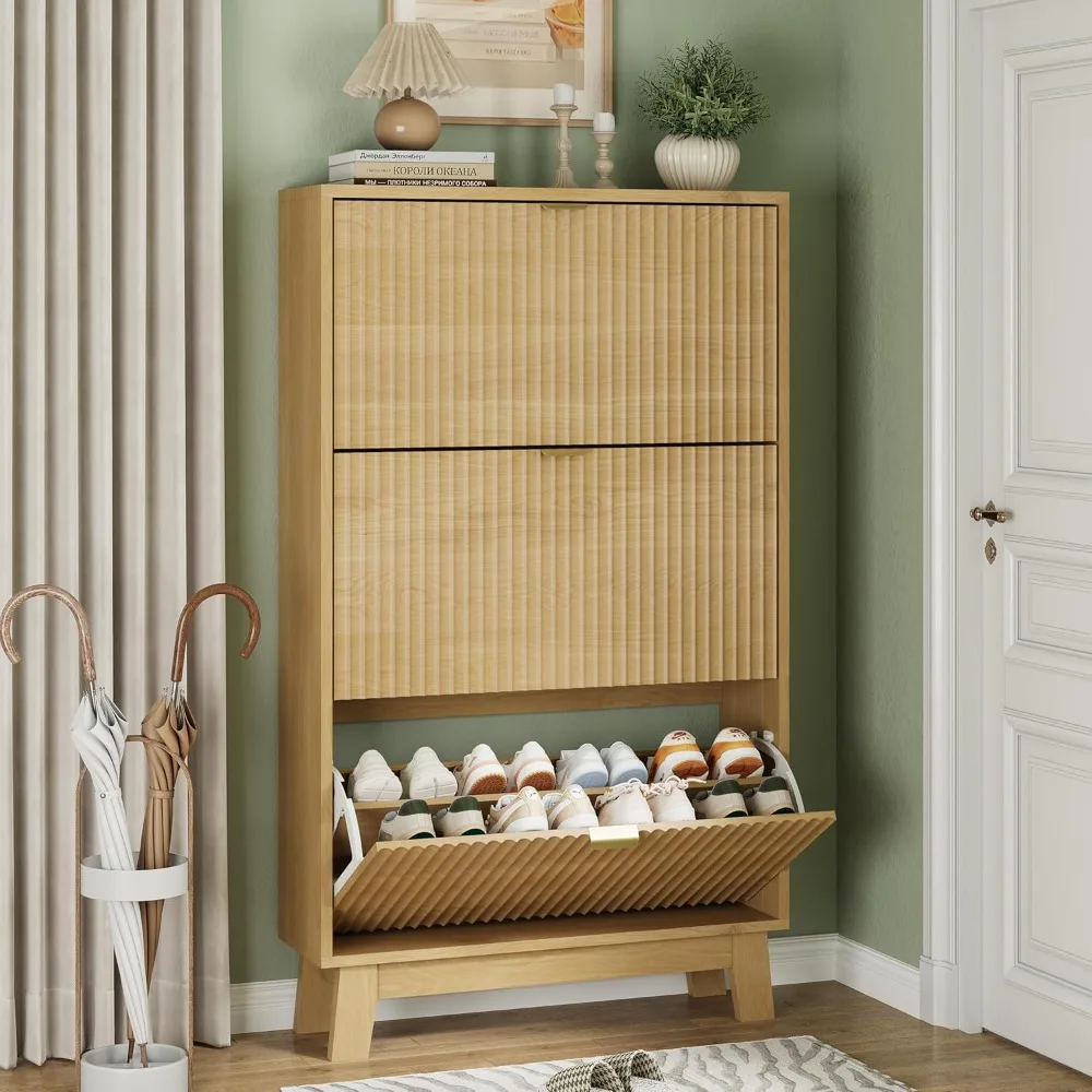 

Shoe Cabinet with 3 Flip Drawers, 54 Tall Narrow Fluted Shoe Storage Organizer for Entryway, Hidden Slim Wooden Shoe Rack