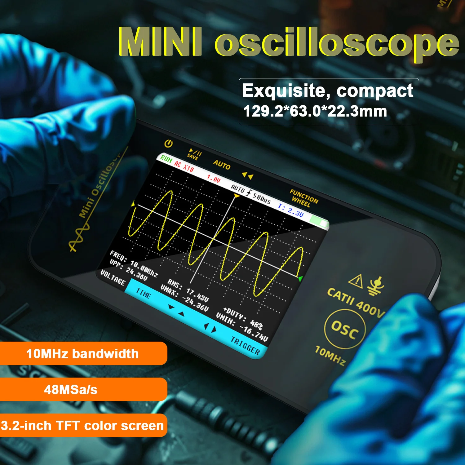 Digital Handheld Oscilloscope Portable 10MHz 48MSa/s 3.2 Inche Color Screen Electronic Repair Test Tool Multi-Waveform Display