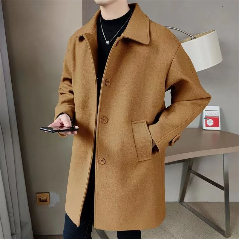 Men's Mid-Long Wool Coat Winter Padded Thick Warm Black Business Trench Youth Outerwear