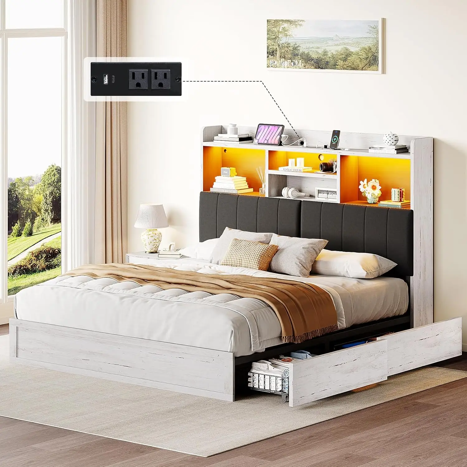 Queen Bed Frame with Bookcase Headboard, Farmhouse Upholstered Platform Bed with 4 Storage Drawers, LED Bed with Charging Statio