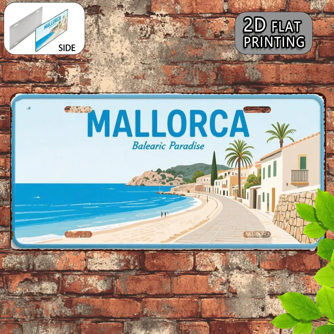2D Flat Pring Vintage Aluminum License Plate from Mallorca. Decorative Sign And Plate for Decoration Only. Travel Souvenirs