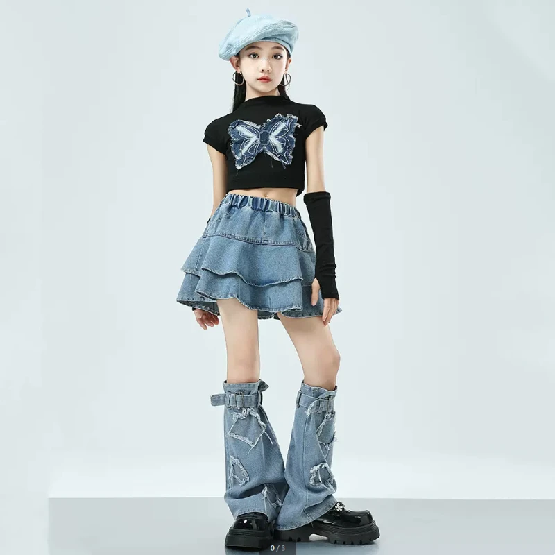 Girls Kids Dance Performance Outfit Set Crop Top Denim Skirt for Street Jazz Dance Kids Rave Show Clothes Trendy Casual Wear