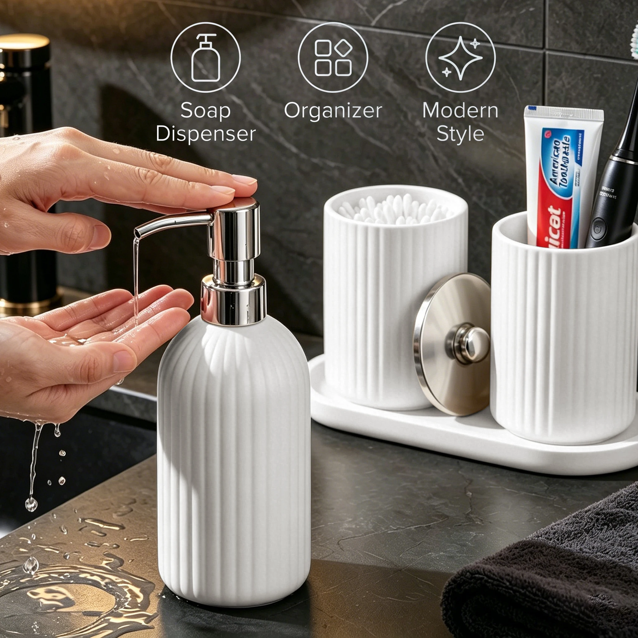 Mattes Badezimmer-Zubehör-Set, Farmhouse-Organizer mit Seifenspender, Wattestäbchen-Behälter, Zahnbürstenhalter und Ablage für Badezimmerwaschbecken – Detail 4