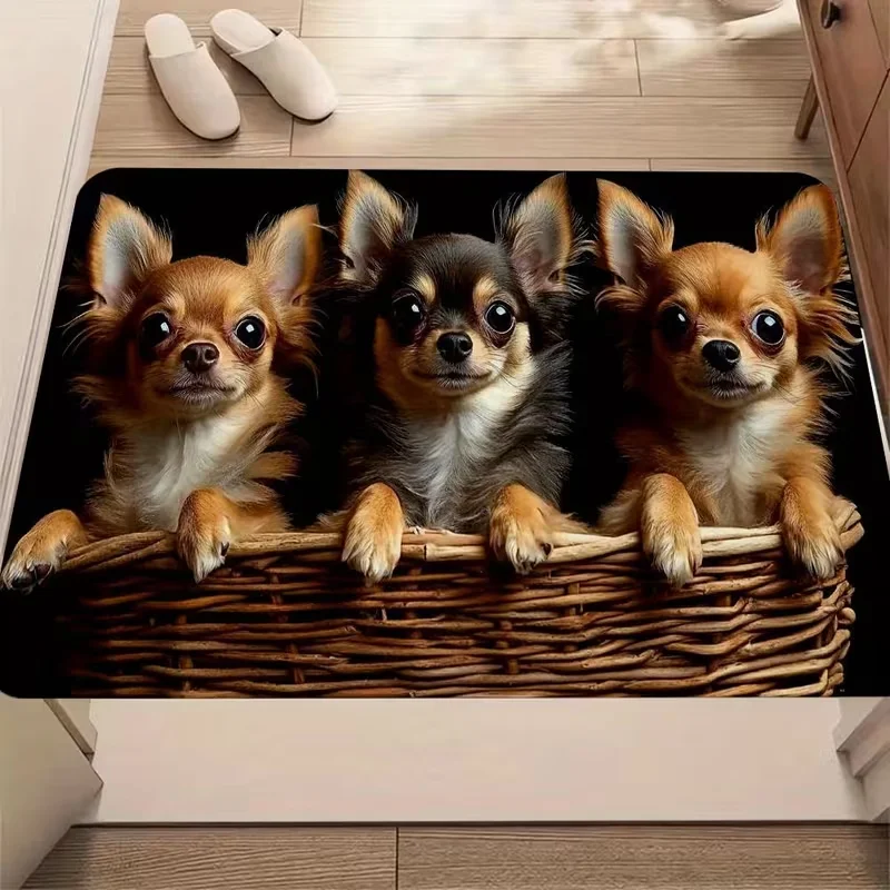 Three Adorable Chihuahua Puppies in A Basket Print Doormat for Decorating Your Bedroom, Living Room, or Kitchen Floor Mat