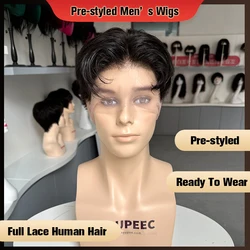 Men‘s Wigs Pre Styled Lace Wig Full Lace Human Hair Wigs For Men Natural Black Color Short Cut Human Hair Male Wigs Easy To Wear