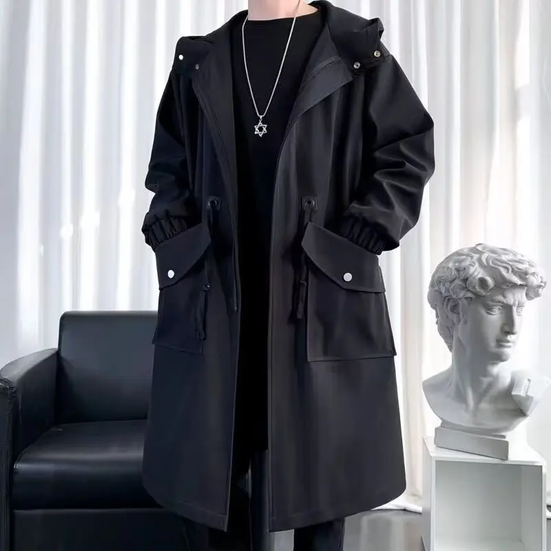 KIDWHXR Kapuzen-Windbreaker für Herren, Einfacher Einfarbiger Mittellanger Trenchcoat, Winddicht, Locker Geschnitten, Langarm, mit Taschen, Herren-Oberbekleidung – Detail 3