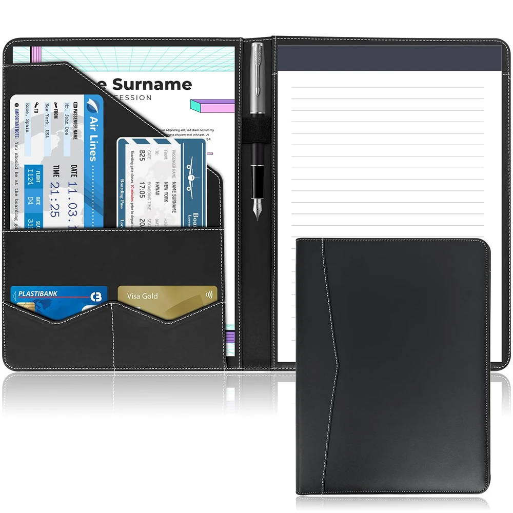 Professional Padfolio Portfolio Folder Faux Leather Resume Organizer with Document Pockets Card Slots Pen Holder InterviewFolder