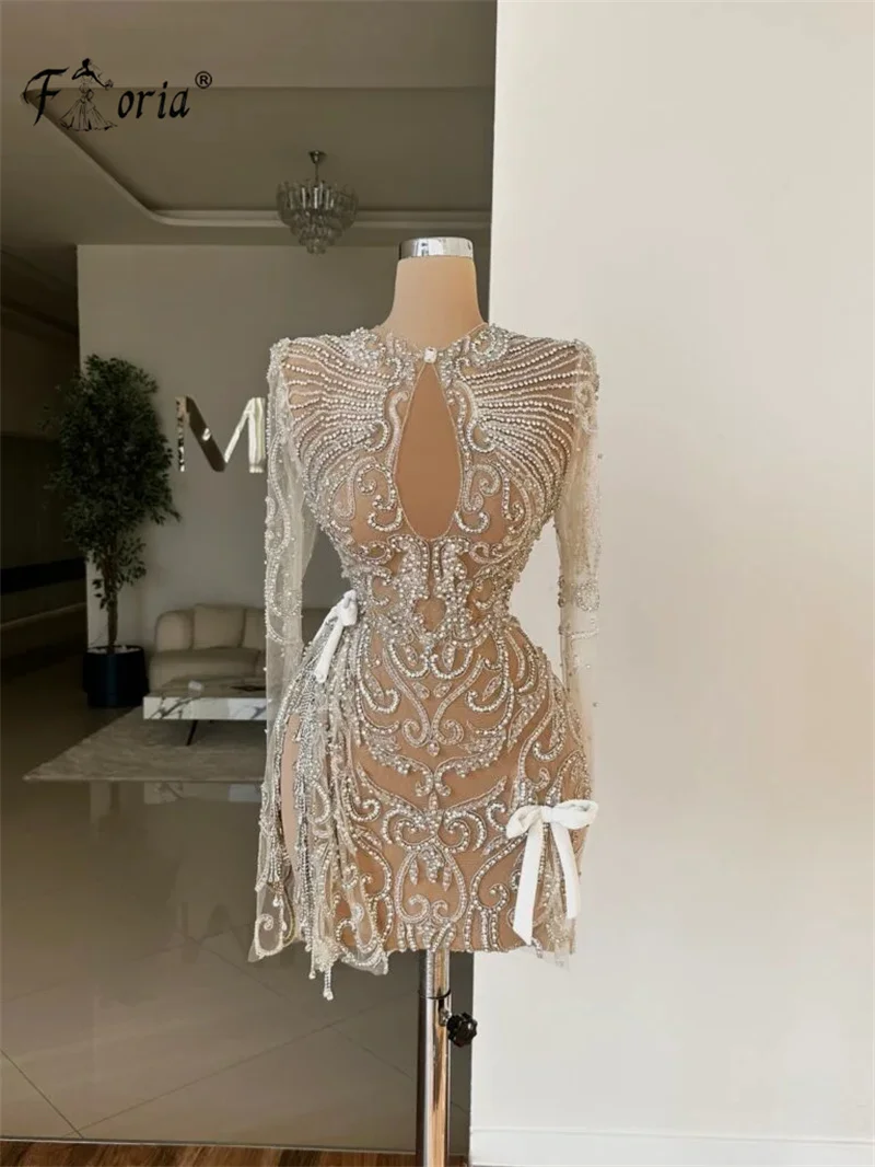 Customized Fully Handmade Beads Crystal Stones Prom Dresses 2025 Nude Silver Jewels Long Sleeve Illusion Short Cocktail Dress