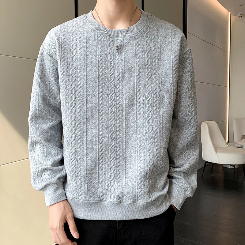 Autumn and Winter Men\'s Pullover Round Neck Patchwork Solid Color Loose Fitting Long Sleeved Texture Long Sleeved Sweatshirts