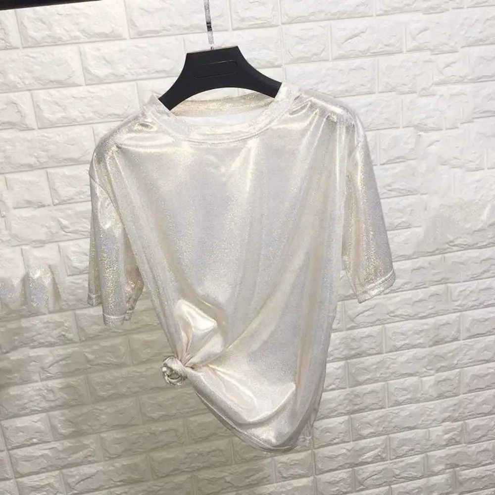 Fashion Summer T-shirt Bright Silk Loose Short Sleeve Tshirt Harajuku Stylish Show Costumes Women