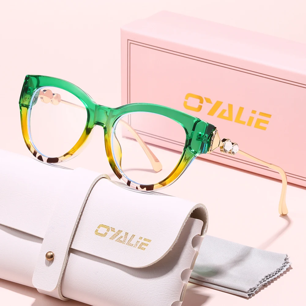 Oyalie マルチカラーのファッショナブルなキャットアイフレームメガネ、絶妙なラインストーンで装飾され、高級感を添え、さまざまな場面に適し、服装を補完します。