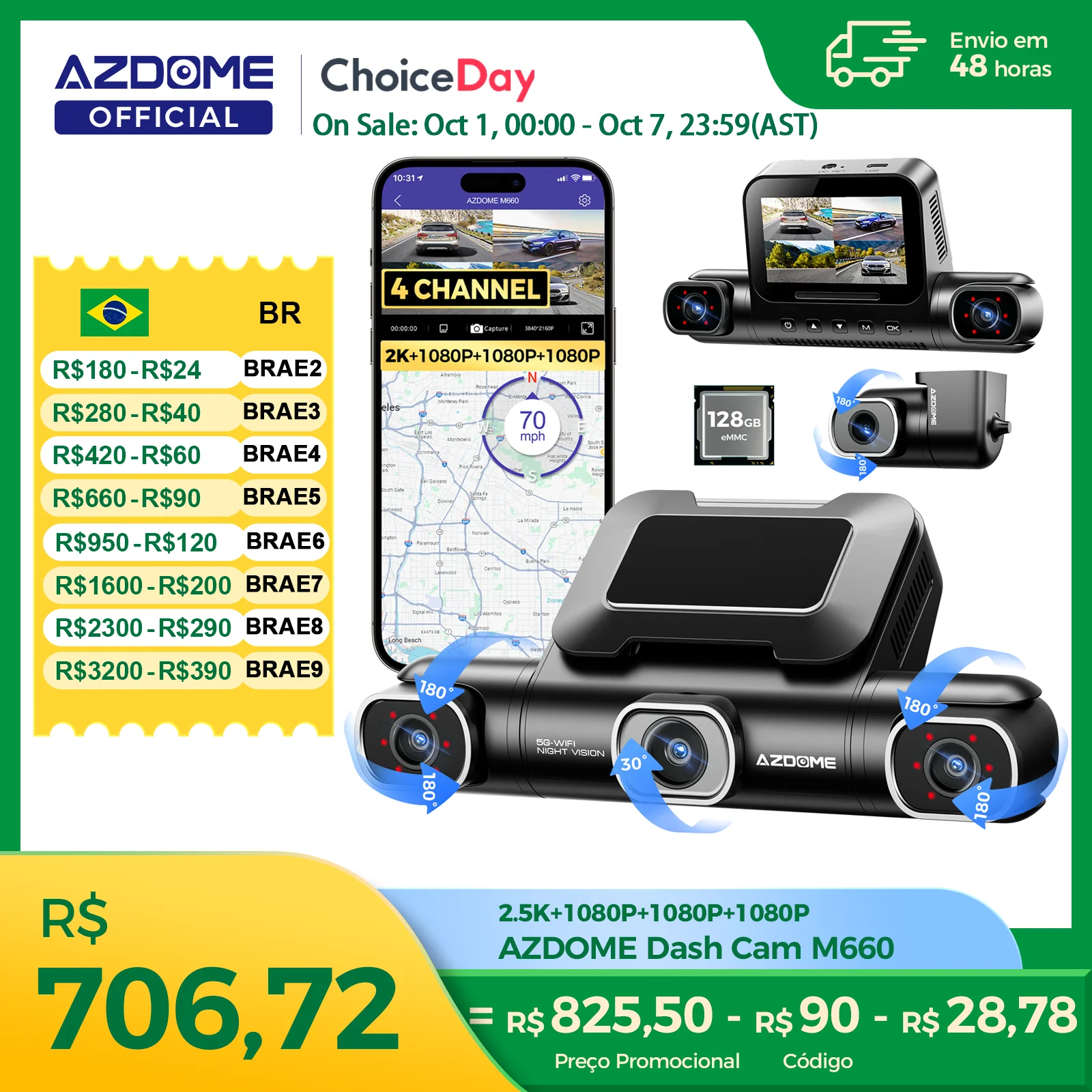 Azdome dash cam m660 2k + 3*1080p 4ch carro dvr gps 5g wifi embutido 128gb emmc controle de voz 24h monitor de estacionamento super visão noturna