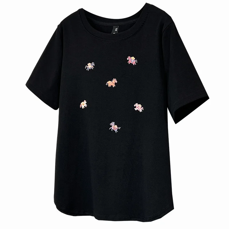 

2026 Summer Cotton Plus Size T-Shirt Cartoon Print Crew Neck Casual Versatile Slim Tops For Curvy Women 975