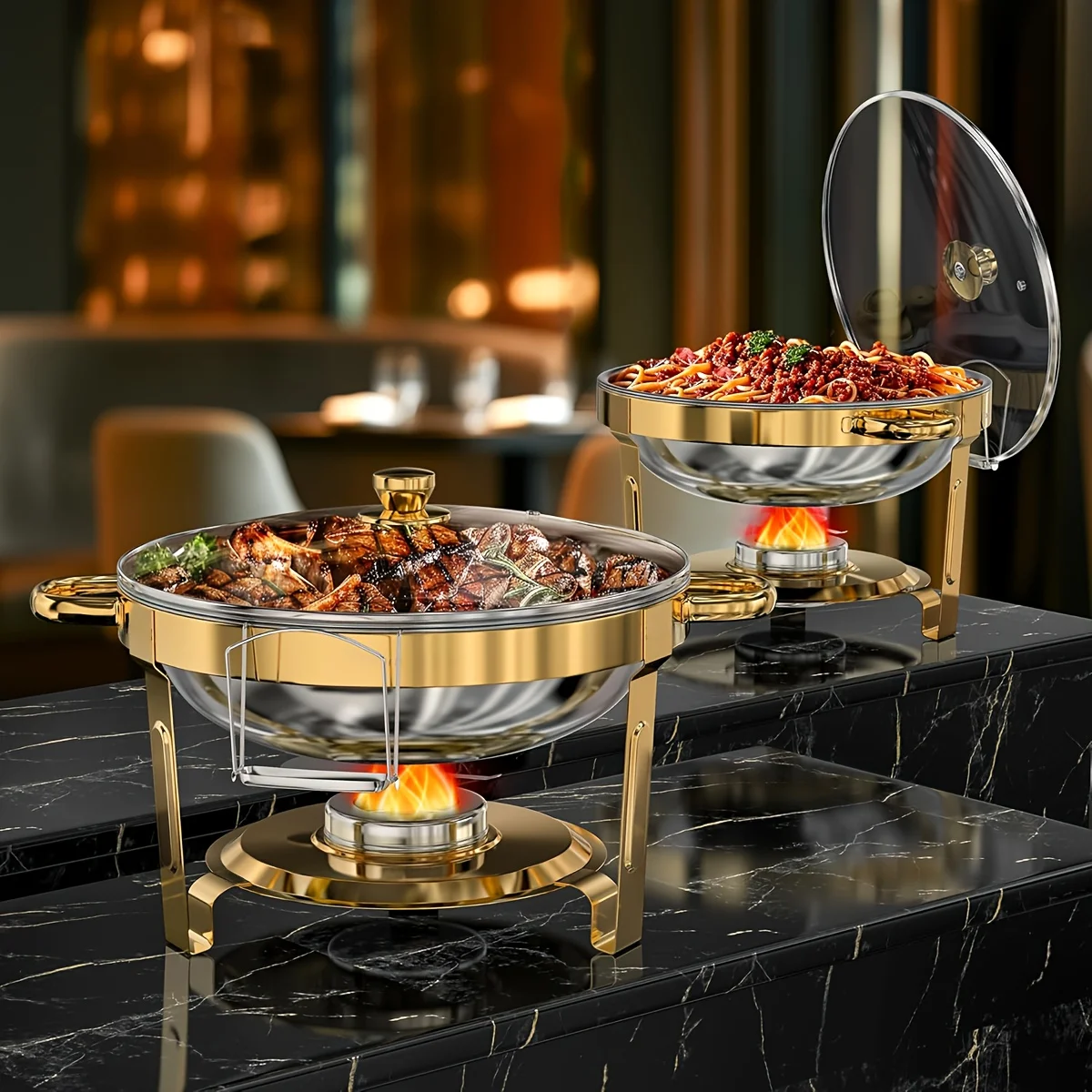 

2/4PC Golden Buffet Hot Pot Set, 5QT [No Assembly Required] Circular Hot Pot Buffet Set, with glass cover and stand, stainless steel hot pot food storage tray, suitable for party, catering and wedding events [For Cooking Only]