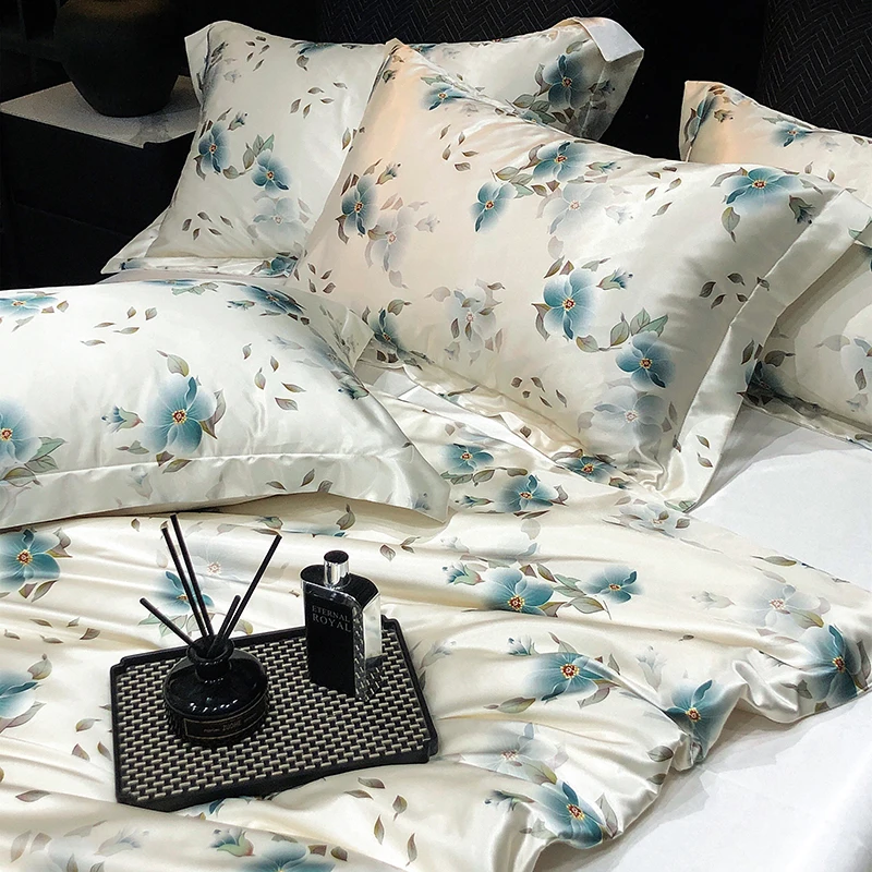 High End Mulberry Silk Bedding Set Floral Printed Luxury Duvet Cover Set King Queen Size Comforter Cover Bed Sheet Pillowcases