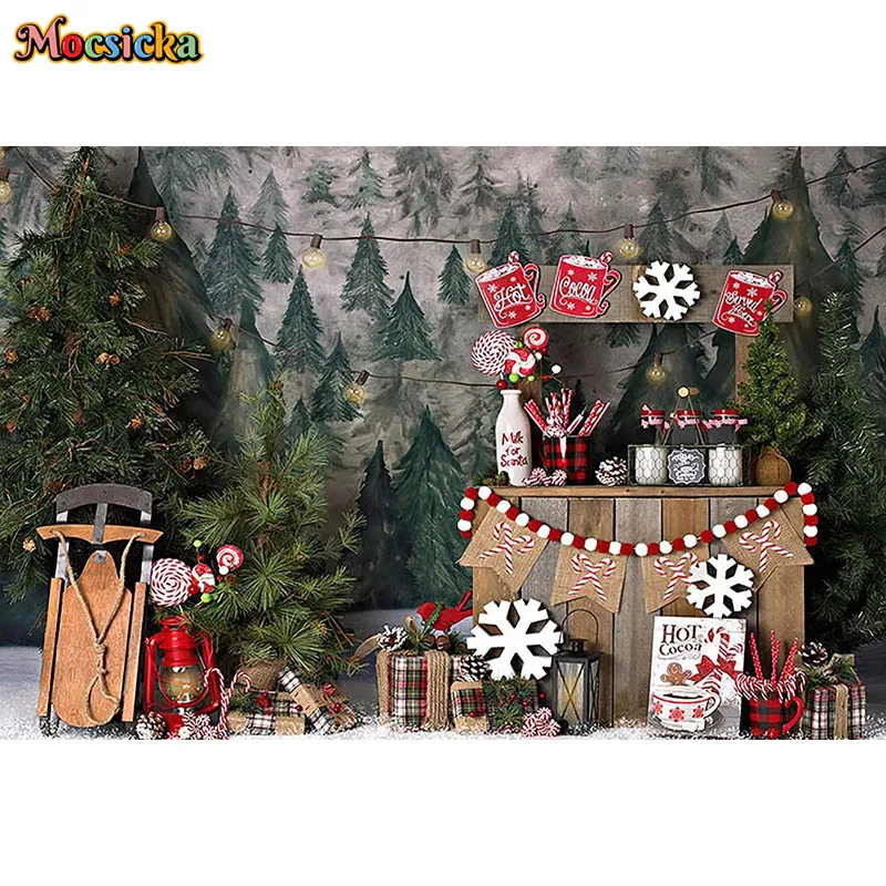 Christmas Hot Cocoa Photography Background Winter Snow Pine Tree Xmas Holiday Party Decor Kids Portrait Backdrops Photo Studio