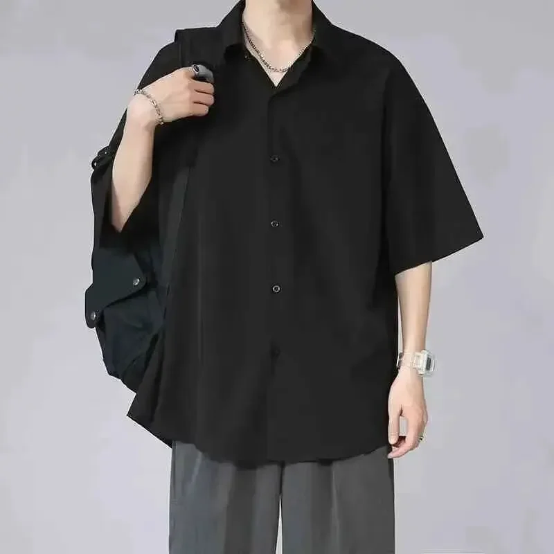 Summer Shirt Men's Trendy Versatile Black Thin Ice Silk Short Sleeve Loose Casual Jacket Lining Clothes