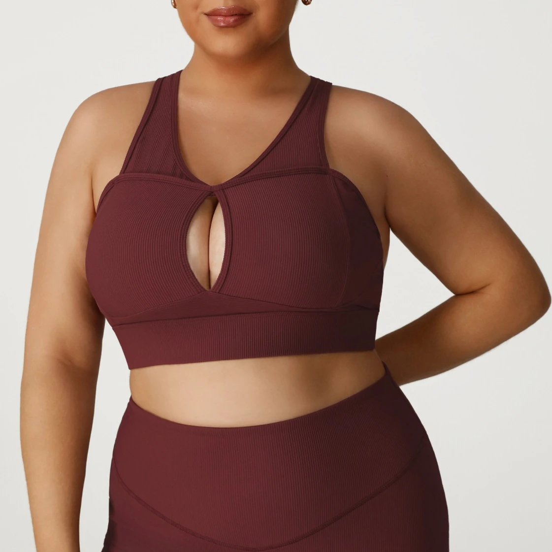 Plus Size XL-4XL Women Yoga Bra Sports Bra Keyhole Cutout Ribbed Racerback Gym Workout Vest Quick Dry Fitness Crop Top Tank Top