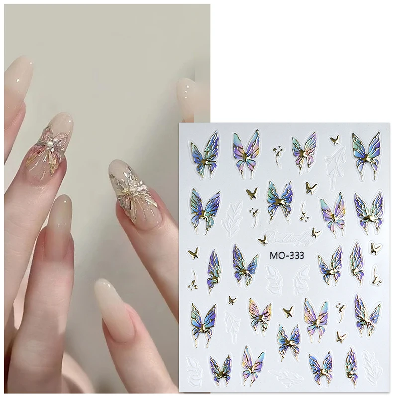 Pegatinas de mariposa con borde dorado para uñas, adornos de lujo con purpurina, calcomanías para manicura DIY, lámina deslizante