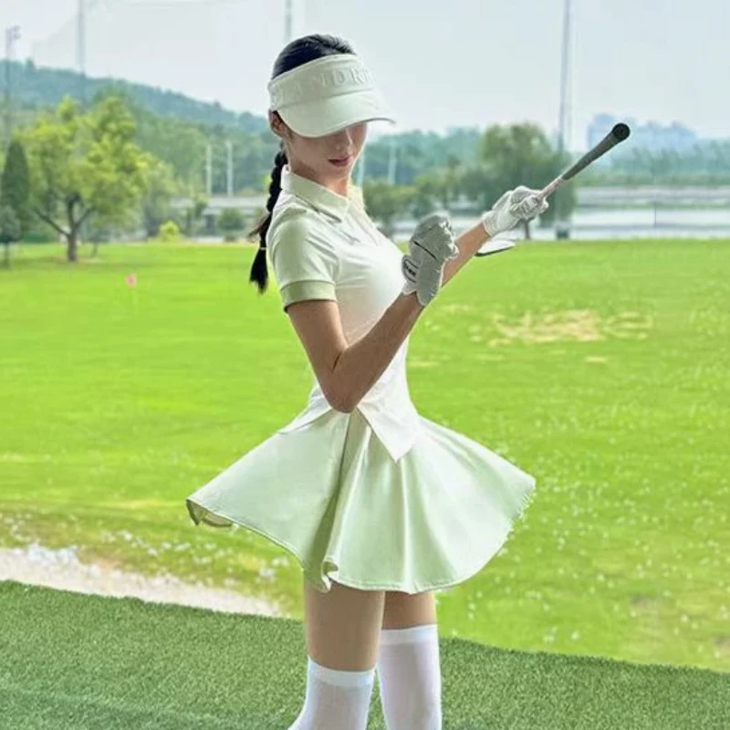 Women Short Sleeve Golf T-shirt V-neck Polo Tops Quick-dry Split Shirts Lady Pleated A-lined Golf Skirt High Waist Tennis Skirt