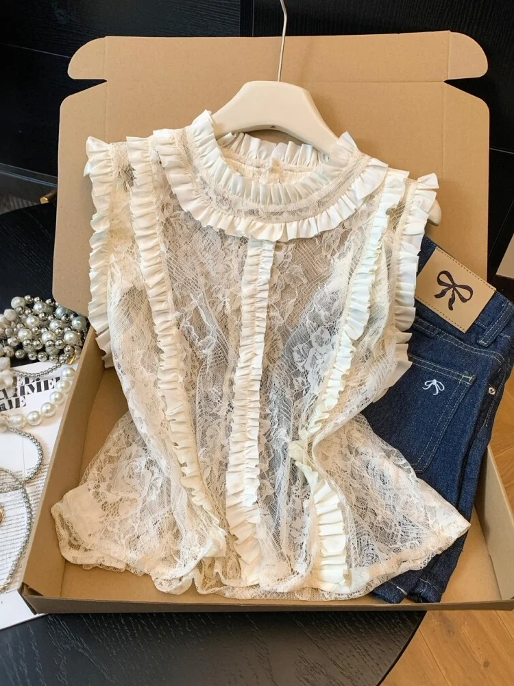 

Lace Hollow out Sleeveless Shirt Women's Summer New Design Gossamer Trim Beautiful Top Korean Style Loose Fit round Neck
