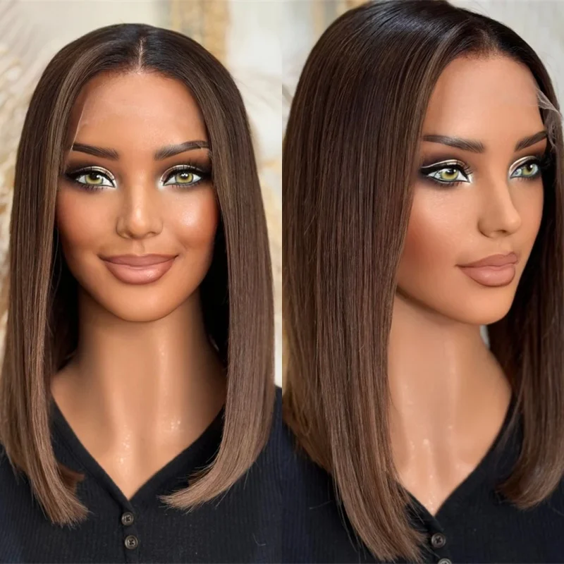 

Синтетический парик 13x4 Ombre темно-коричневый, с HD-кружевом спереди, высококачественный, короткий прямой парик-боб класса люкс для женщин, с предварительно вычесанной линией роста волос