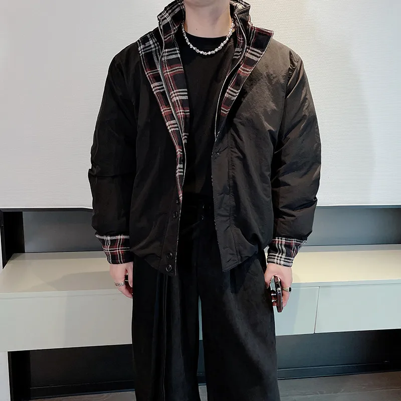 

Cleanfit Retro Plaid Patchwork Stand Collar Fake Two-Piece Cotton Jaet for Men Sli Trendy Outerwear Warm Thiened Long...