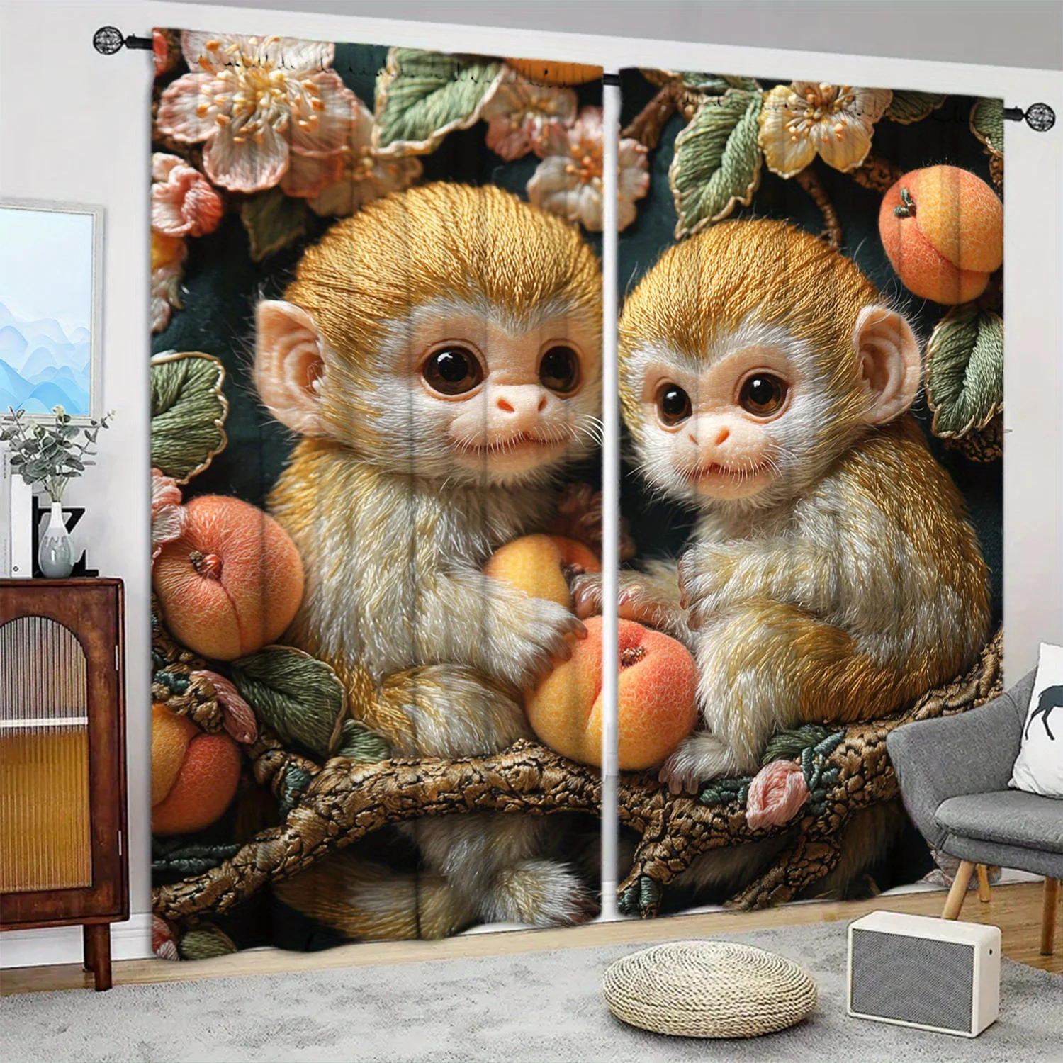 Baby Nursery Blackout Curtains - Cute Baby Monkey Curtains, Realistic Animal