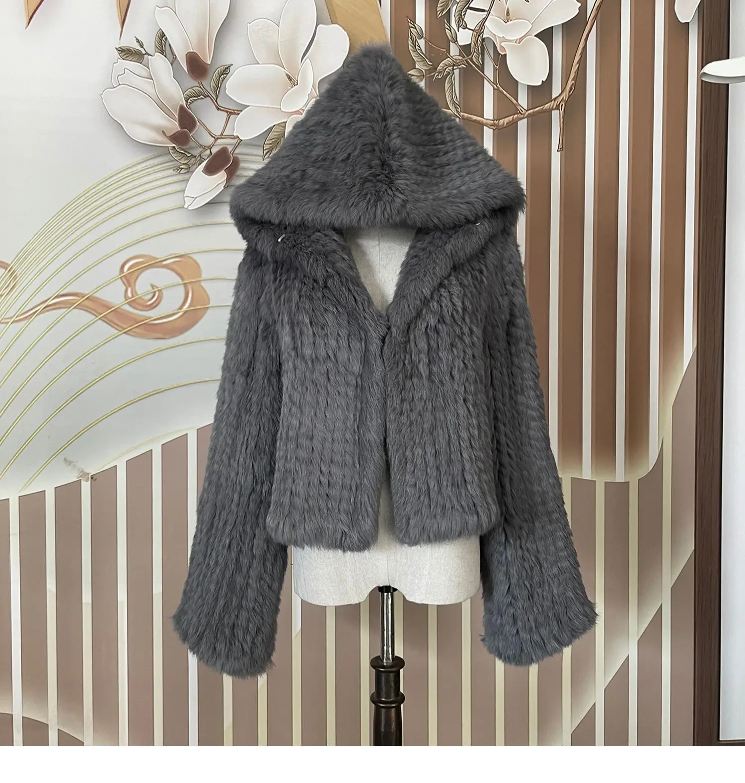 Long Sleeve Casual Loose Knitted Real Rabbit Fur Hooded Coat Women Genuine Natural Rabbit Fur Outwear Female Fur Jacket