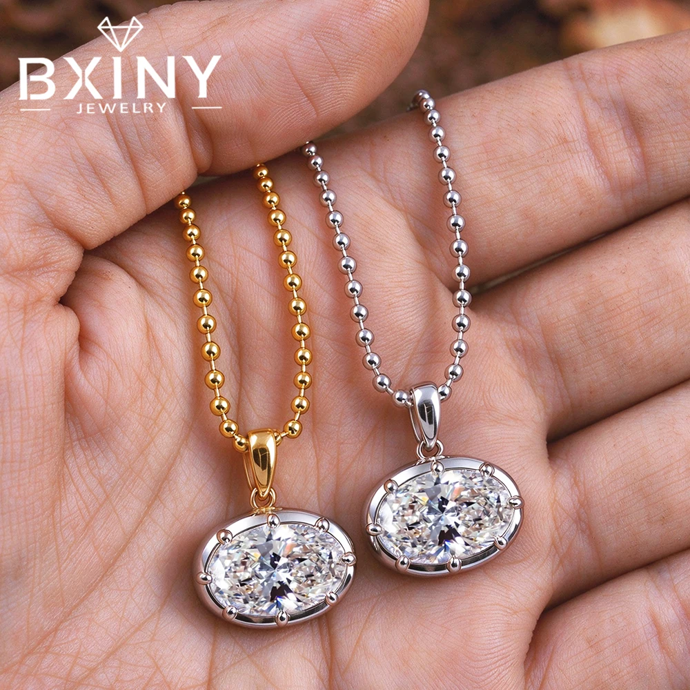 BXINY East West Oval Cut High Carbon Diamond Pendants Necklace 925 Sterling Silver Bead Chain Sparkling Zircon Jewelry for Women