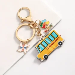 Cute Bus Keychain BACK TO SCHOOL Season Books Pencil Cartoon Shape Wood Pendant Lobster Clasp Key Ring for Students Gift
