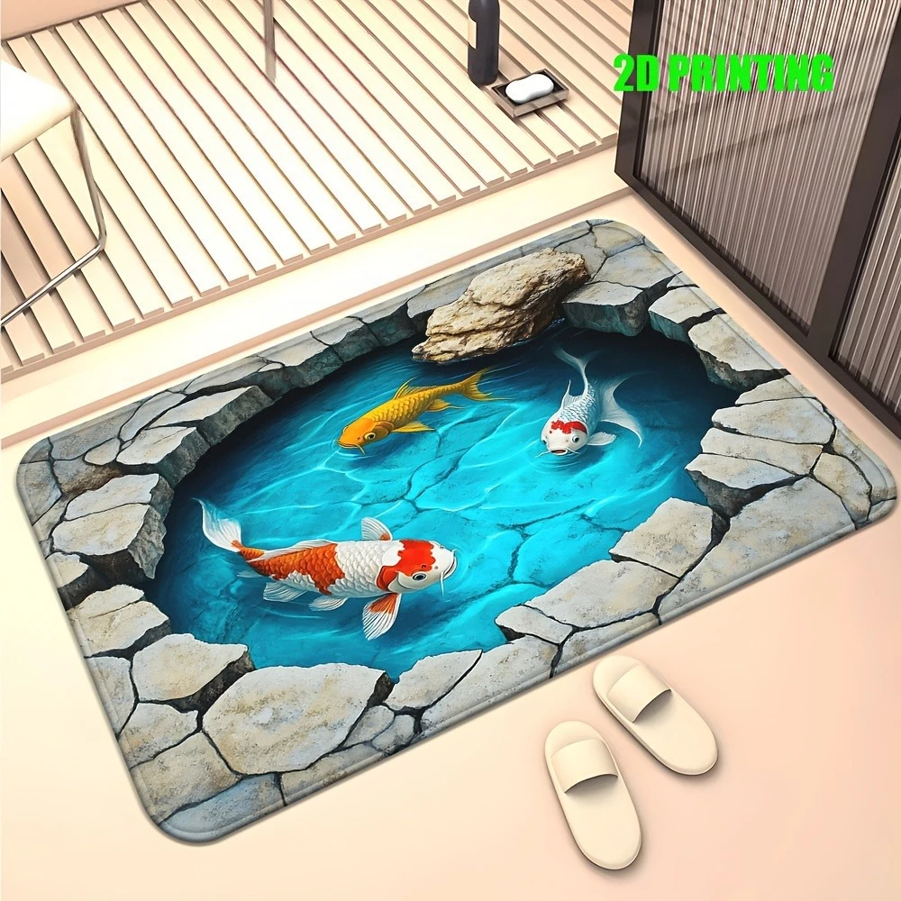 1pc 2D Mat with Koi Fish Design Flannel and Polyester, Machine Washable, Suitable for Bathroom