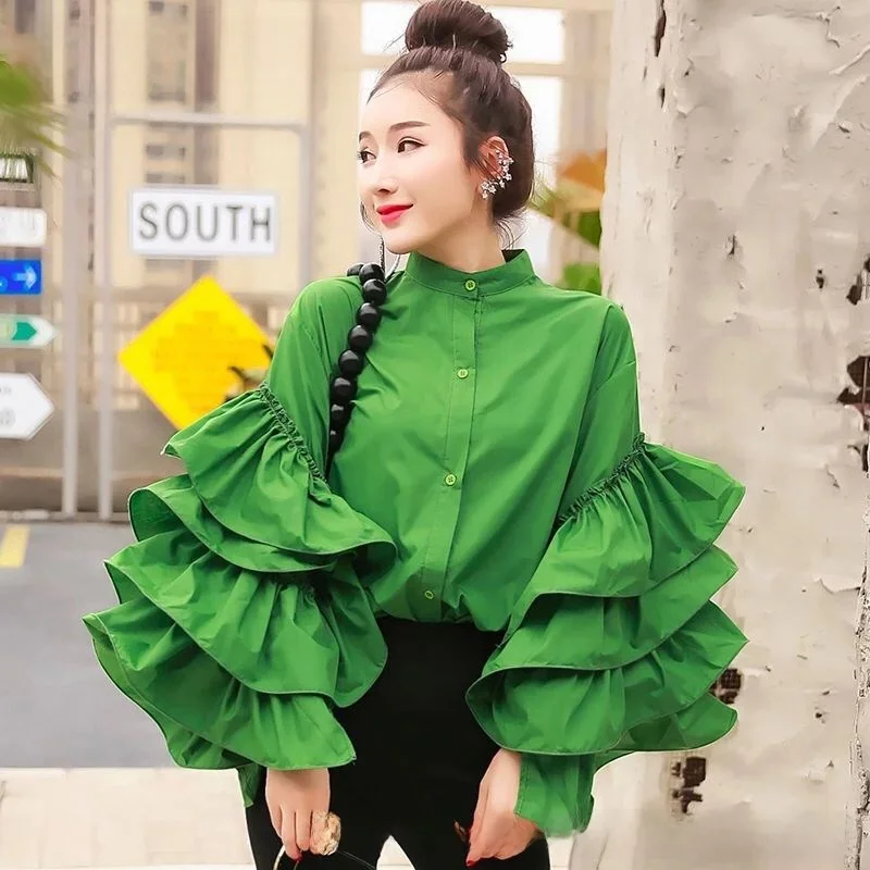 

Faionable Multilayer Ruffled Flared irt for Women Cleanfit Sle Long Sve round Ne Polypropylene Polyester Fiber