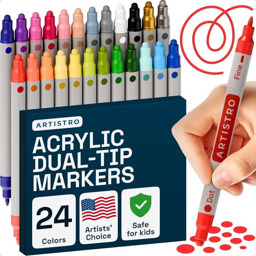 ARTISTRO 24 marcadores de pintura acrílica de doble punta, bolígrafos de pintura acrílica, marcadores de tela para textiles, roca, vidrio, madera, papel, lienzo cerámico D