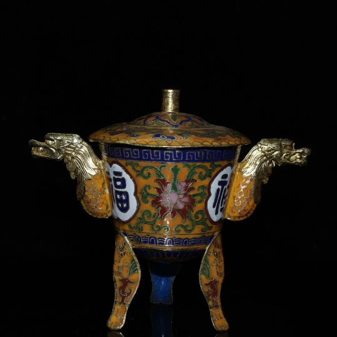 Early Collectible Cloisonné Censer Ornament, Red Copper Body, Wire Inlaid, Fu Lu Shou & Longevity Motifs, Three-Legged Design