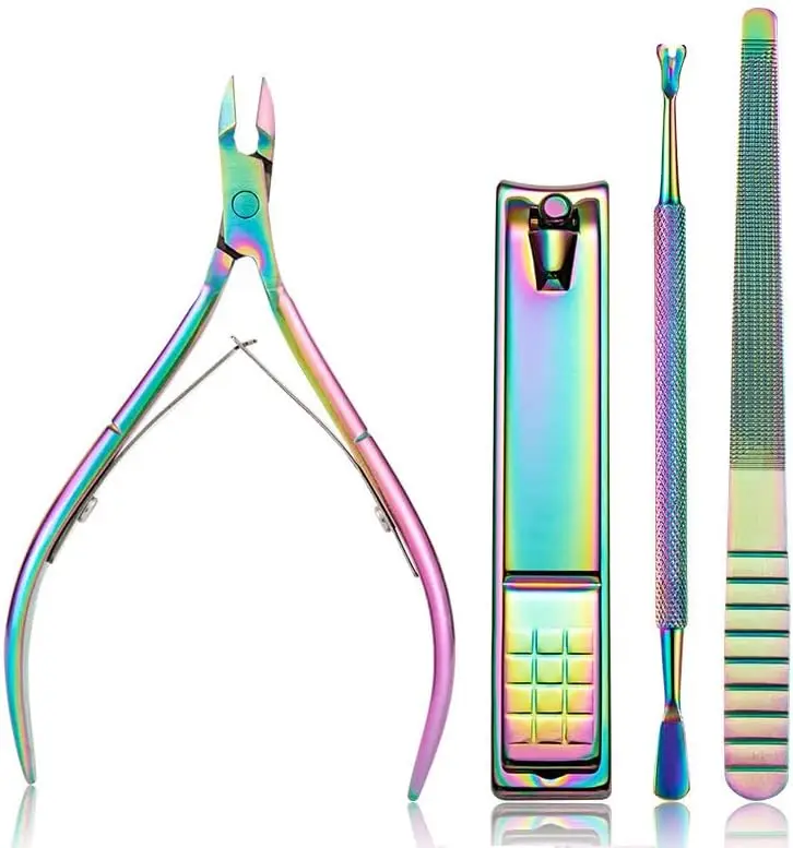 

4-Pack Stainless Steel Cuticle Trimmer Set with Pusher, Nail Clippers & File for Smooth Shiny Nails
