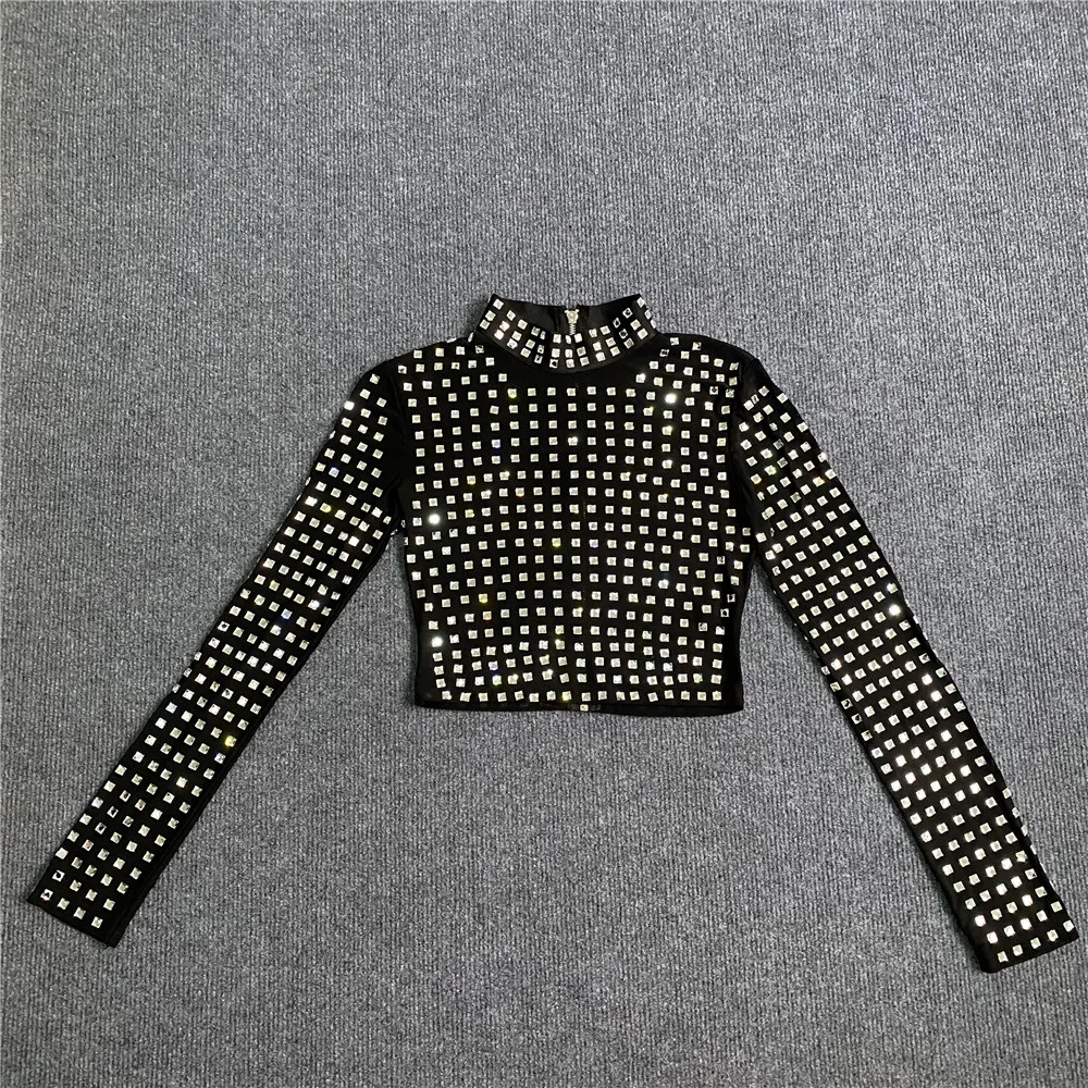 2023 New Arrival Women Sexy Beading Mesh Long Sleeve T-Shirts Ladies Black Fashion Tops