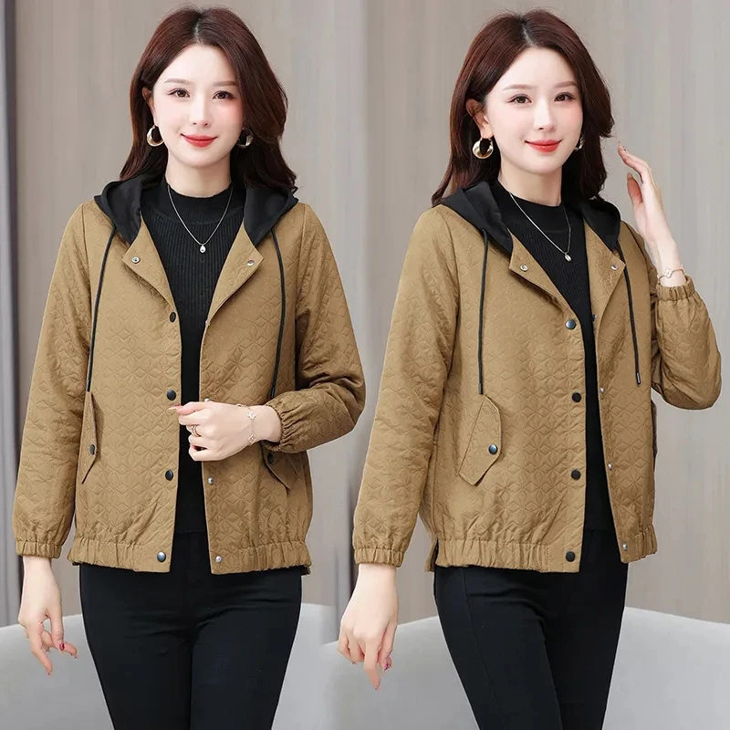 Women's Short Coat 2024 Spring Autumn New Korean Jacket Casual Fashion Outwear Diamond Plaid Overcoat Cardigan Hooded Top Female