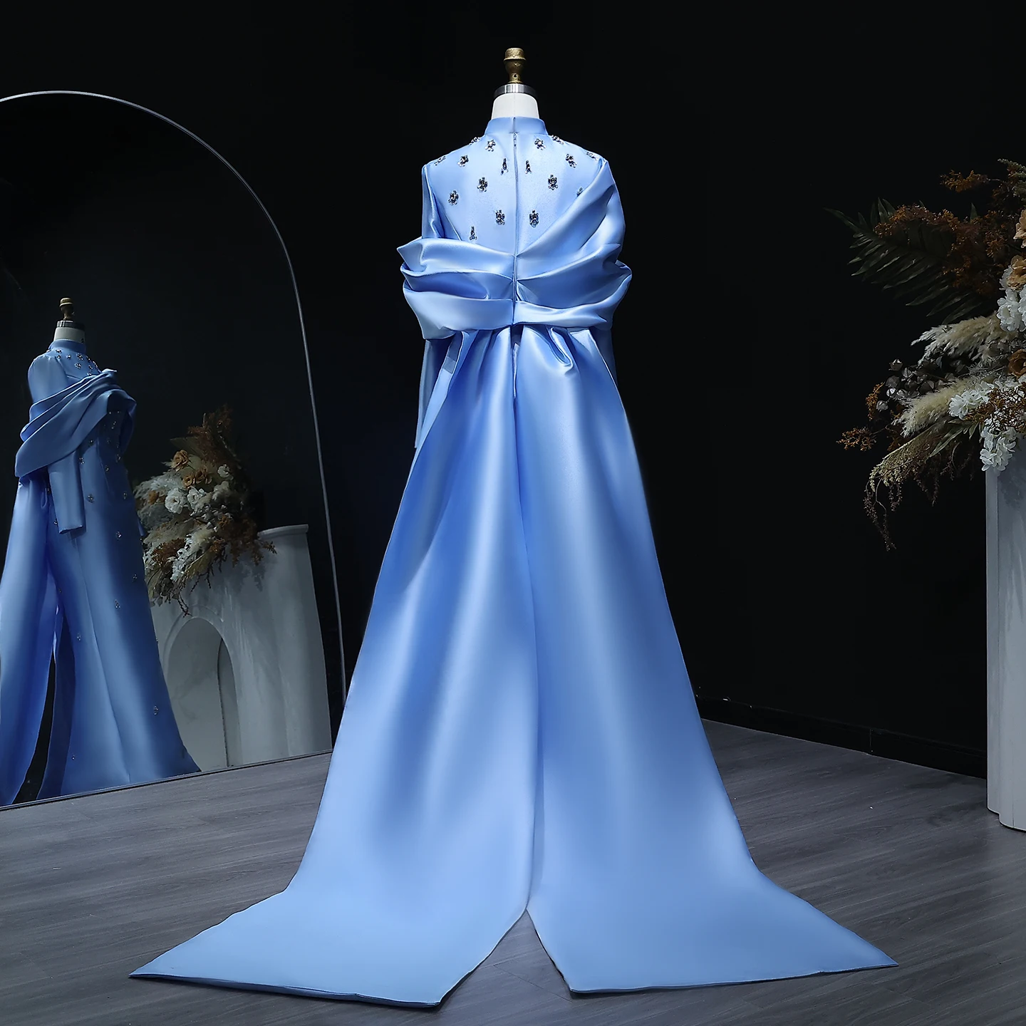 샤론은 웨딩 파티 SS271 맞춤형 오버 스커트 크리스탈 아랍어와 우아한 하이 넥 긴 소매 이슬람 이브닝 드레스를 말했습니다.