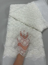 2025 Luxury African Groom Luxury Beaded Tulle Lace Fabric Nigerian Handmade Heavy Sequins Pearls Mesh Lace Fabric Bridal Wedding
