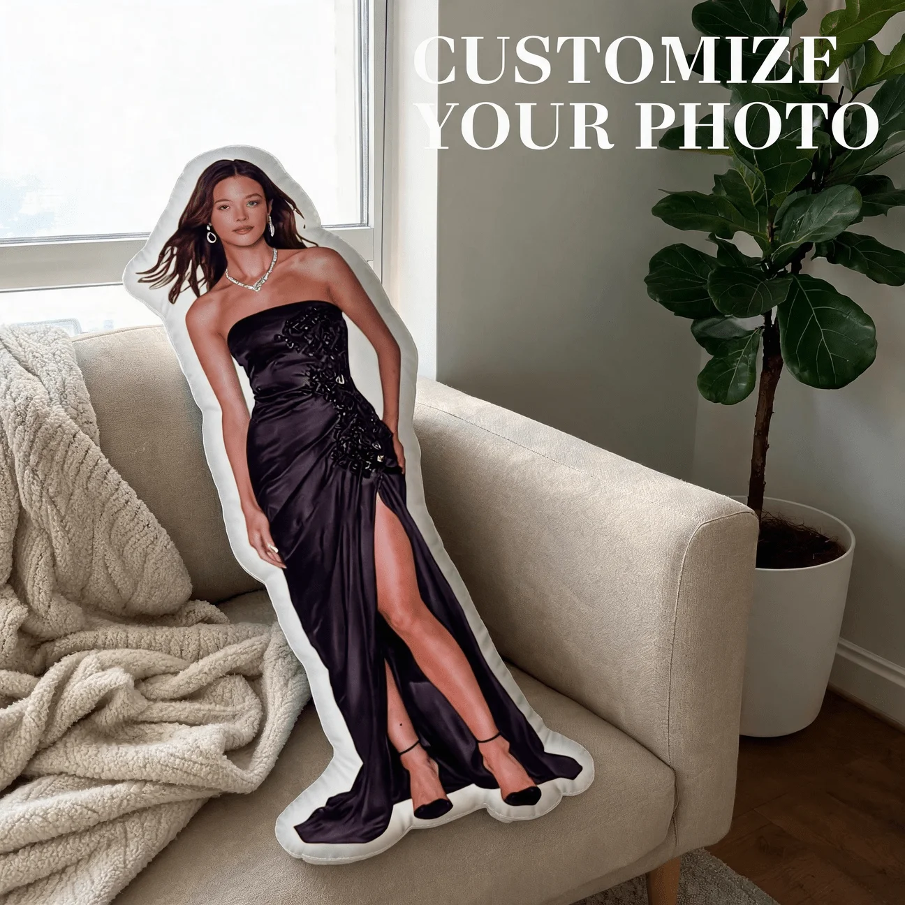 Custom Personalized Photo Shaped Pillow, Elegant Black Gown Full Body Custom Picture Decorative Cushion, 70CM Home Decor Accent