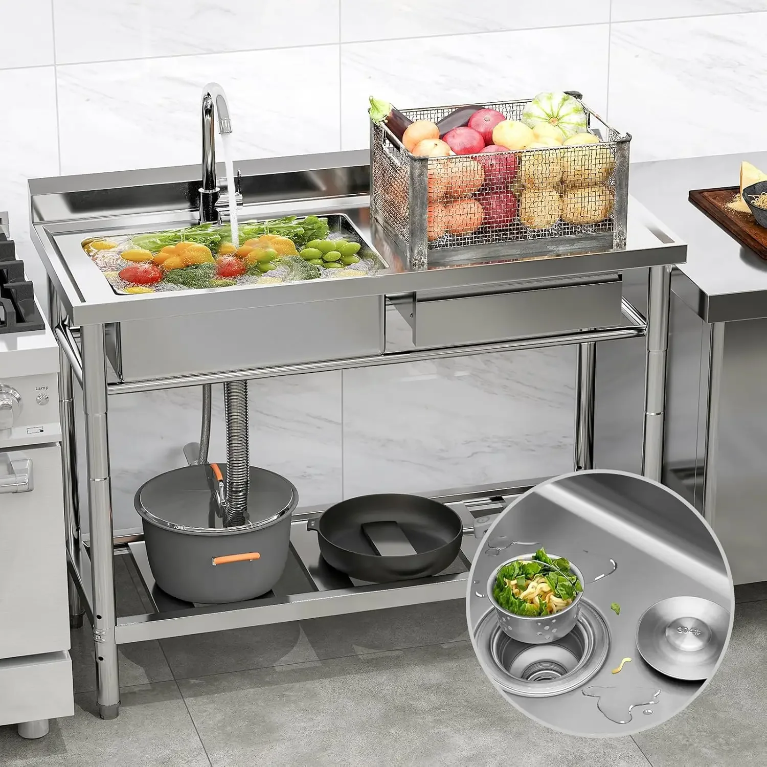Lavello multiuso in acciaio inossidabile, lavello da cucina a vasca singola autoportante da 47,2 pollici con tubo dell'acqua calda e fredda sinistra destra