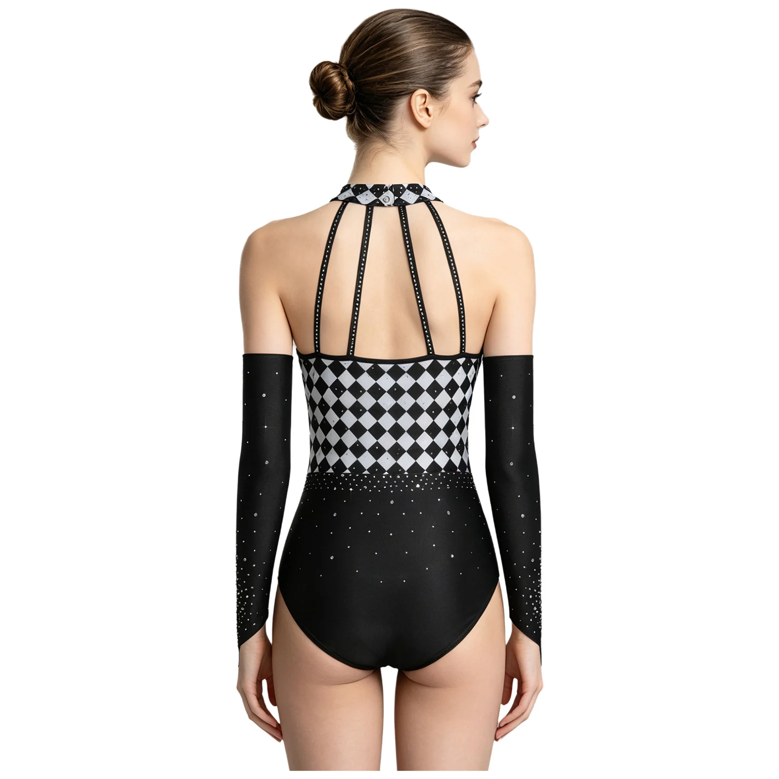 Women Circus Clown Jumpsuit Halloween Queen Cosplay Bodysuit with Gloves Halter Rhinestone Checkerboard Gym Ballet Dance Leotard