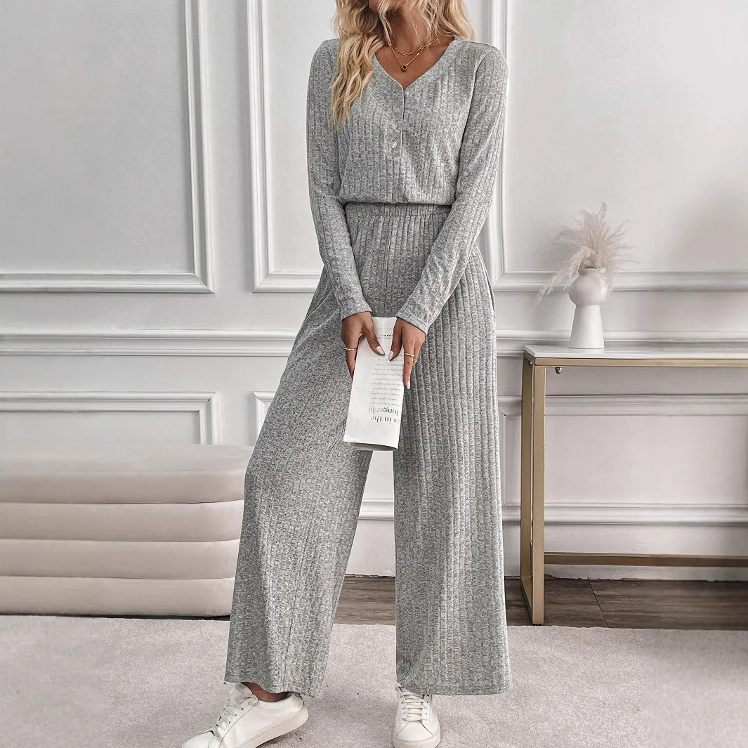 Autumn New Solid Color Elegant Cardigan Wide-leg Pants Jumpsuit Women DFY8708
