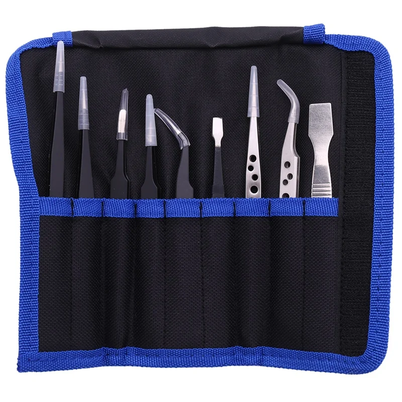 ●9 Pcs Tweezers Set Stainless Steel Anti-Static Precision Tweezers for Electronic Mobile Phone Repair Tools Hand Tools