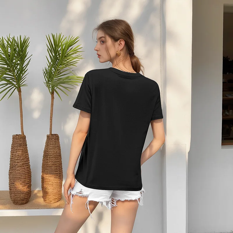 2025 الصيف عارضة قميص فضفاض جولة الرقبة الأبيض قصيرة الأكمام تي شيرت الإناث