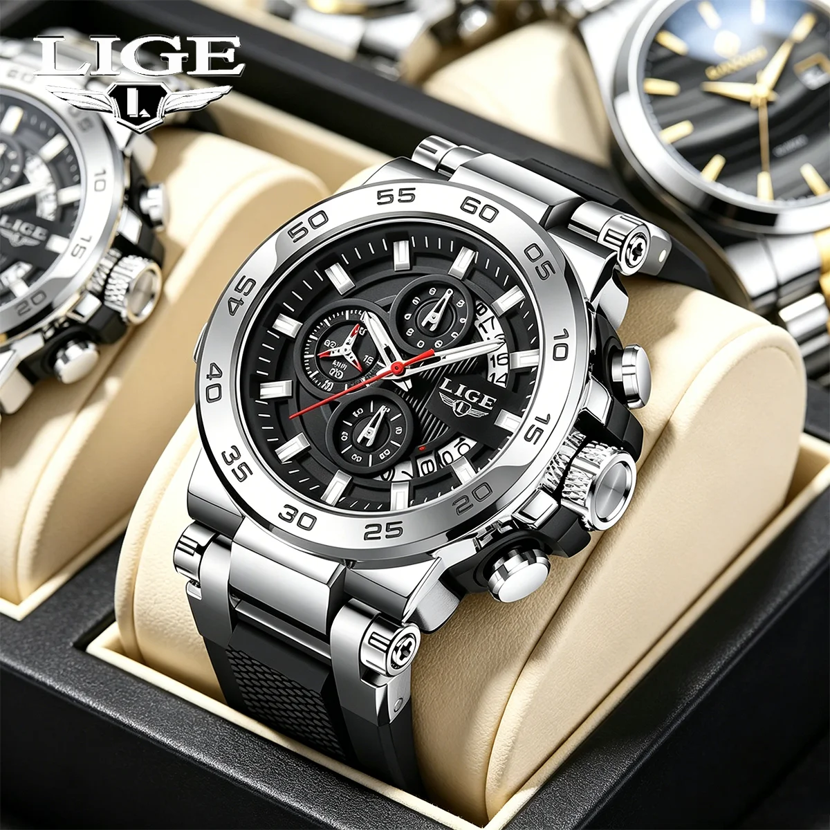 

LIGE New Luxury Military Man Watch Silicone Strap Sports Quartz Watches Top Brand Waterproof Calendar Chronograph Men's Watch