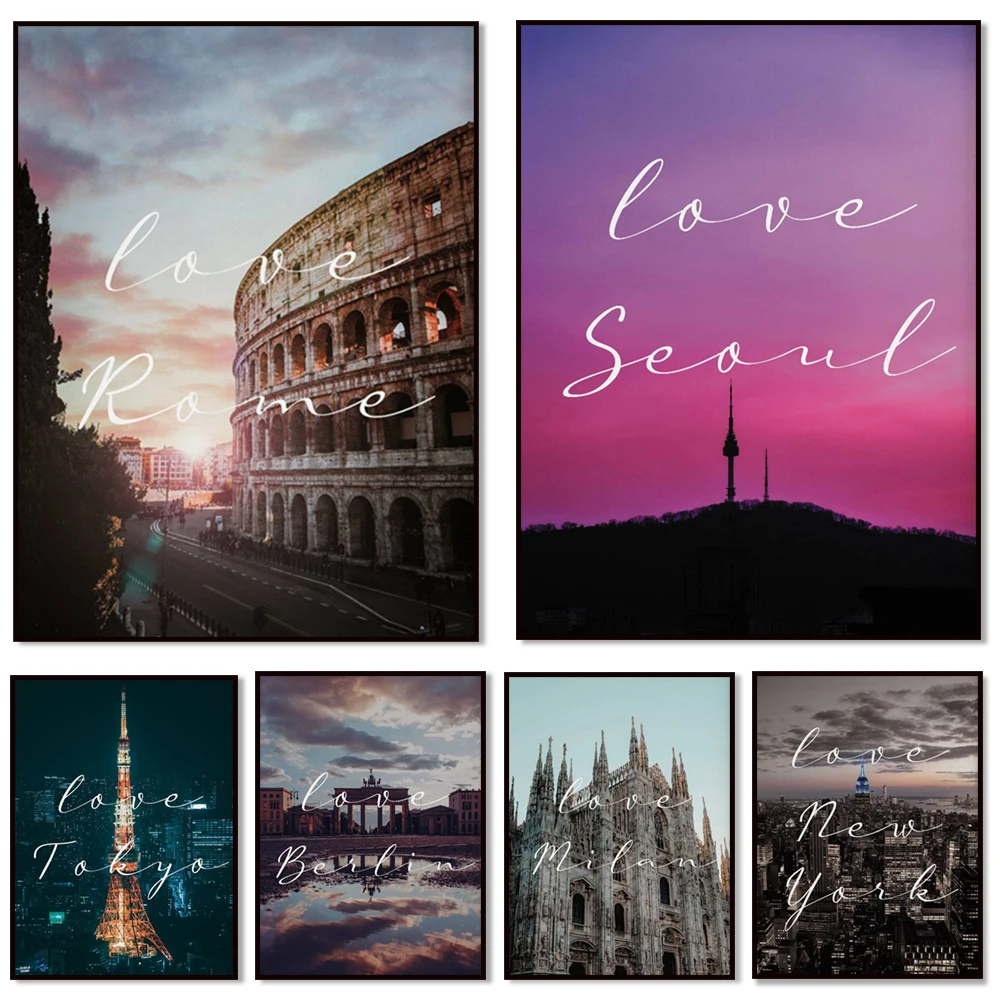 Love Cities Collection, Love Sydney, Seoul, Paris, New York, Dubai, Berlin, Tokyo, Milan, famous city travel landmark poster