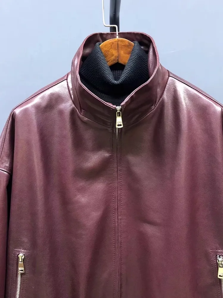 Top Quality Loose Fit Colletto alla coreana Giacca da donna in vera pelle retrò Cerniera Office Lady Autunno Cappotti capispalla in vera pelle di pecora