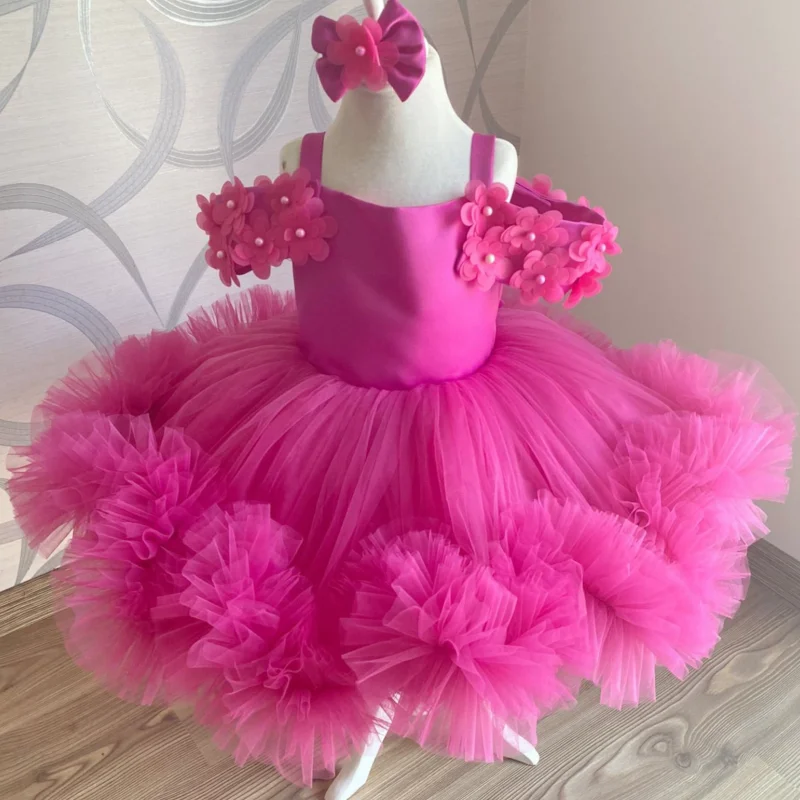 

Rose Pink Flower Girl Dresses Tulle Puffy Flowers With Bow Short Sleeve For Wedding Birthday Party Holy Communion Gowns